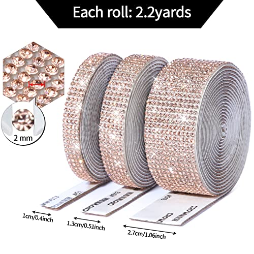 3 Rolls 6.6 Yards Self-Adhesive Crystal Rhinestone Diamond Ribbon,DIY Diamond Ribbon Stickers with 2 mm Rhinestones for Arts Crafts,Bling Silver Ribbon Rolls for Phone,Car Decoration(Champagne)