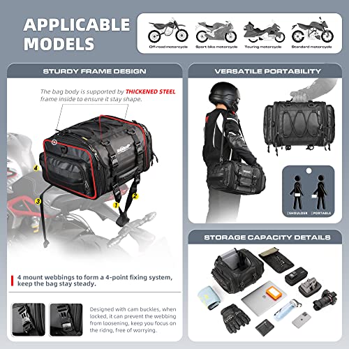 Rhinowalk Motorcycle Tail Bag, Motorcycle Travel Luggage, Expandable motorcycle tail bag 26L, Motorbike Helmet Bag Waterproof Rain Cover Travel Luggage Bag, with Straps Black (Black)