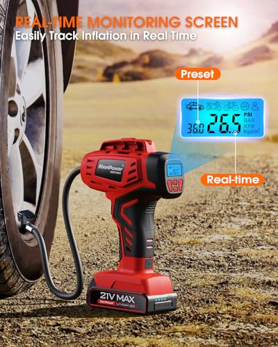 KeenPower Digital Cordless Tire Inflator Portable Air Compressor Automatic 160PSI w/Gauge Screen & 4+N Smart Mode & Dual Power Supply, Rechargeable 21V Battery Powered Handheld Air Pump, Car Tire Pump