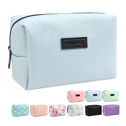 MAANGE Small Makeup Bag For Purse, Travel Cosmetic Bag Makeup Pouch PU Leather Portable Versatile Zipper Pouch For Women (Blue)