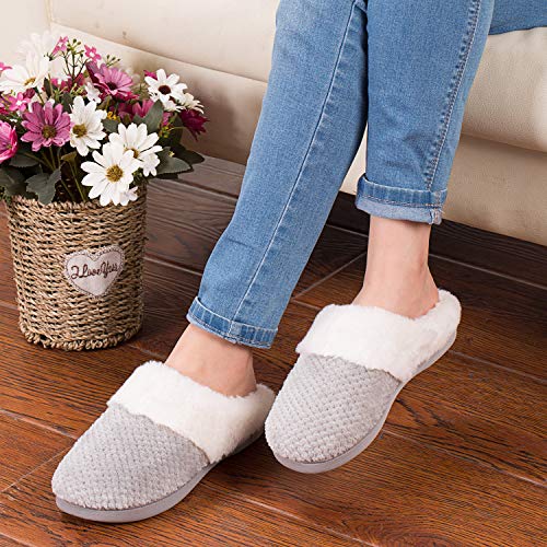 Temi Women's Soft Warm Memory Foam Slippers,Faux Fur Lined Fluffy Slip On House Shoes with Indoor Outdoor Anti-Skid Rubber Sole