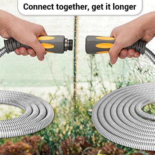 TheFitLife Flexible Metal Garden Hose - 25 FT Lightweight Stainless Steel Water Hose with Solid Fittings and Sprayer Nozzle - Leak Proof, Kink Free, Anti-rust, Large Diameter, Durable and Easy Storage