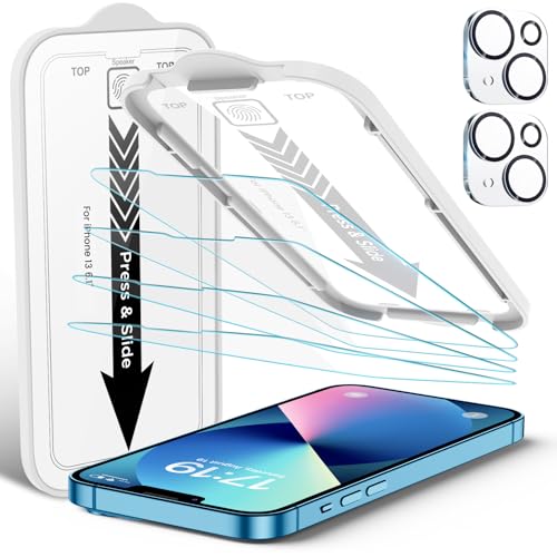 EZ-GLAZ 4 Pack Screen Protector for iPhone 13[6.1 inches] With 2 Pack Camera Lens Protector, [Drop Protection] 9H Hardness Scratch Resistant Tempered Glass Film, Easy to install - HD Clear