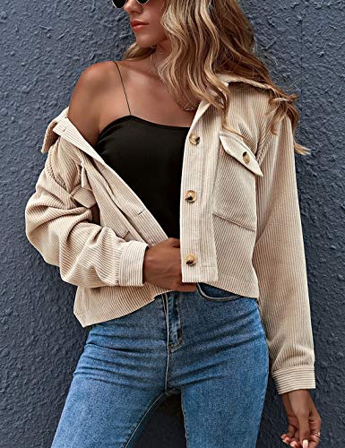 Gihuo Women's Fashion Cropped Shacket Button Down Corduroy Shacket Jackets Casual Plaid Long Sleeve Crop Shirts Jackets Tops (PlaidGreen-M)