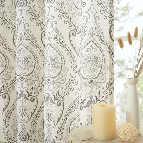 LAMIT 54 inch Length Linen Curtains for Living Room, Light Filtering Semi Sheer Linen Curtains Grommet Vintage Damask Flower Pattern Window Drapes for Bedroom, 2 Panels Each 52 x 54 Inch, Greyish Blue