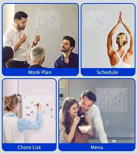 Magnetic Acrylic Calendar for Fridge, 16"x12" Clear Set of 2 Dry Erase Board Calendar for Fridge Reusable Planner, includes 8 Highlight Markers, Magnetic Pen Holder, 2 Nail-free Stickers and Towel