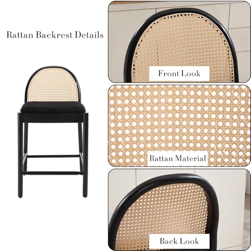 HEAH-YO Rattan Counter Stools Set of 2, 26 Inches Counter Height Bar Stools with Backrests and Wood Legs, Upholstered Sherpa Rattan Kitchen Stool for Island, Black
