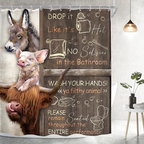 Imirell Funny Bathroom Rules Shower Curtain 60Wx72H Inches Farmhouse Highland Cow Donkey Pig Animal Wooden Board Rustic Wildlife Country Fabric Waterproof Polyester with 12 Pack Hooks Plastic