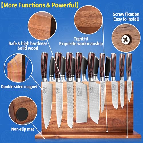 XYJ Extra Large Magnetic Knife Block Acacia Wood Knife Set Holder Stand With Stronge Magnetic Strip Kitchen Knives Storage Rack Organizer Tools No Drilling