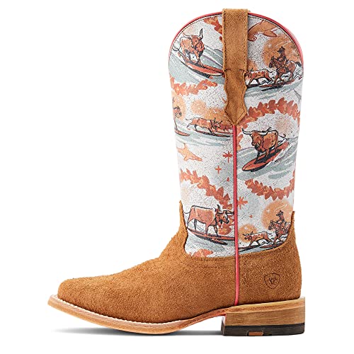 Ariat Womens Frontier Western Aloha Western Boot Rusty Roughout/Surfing Longhorn Print 6