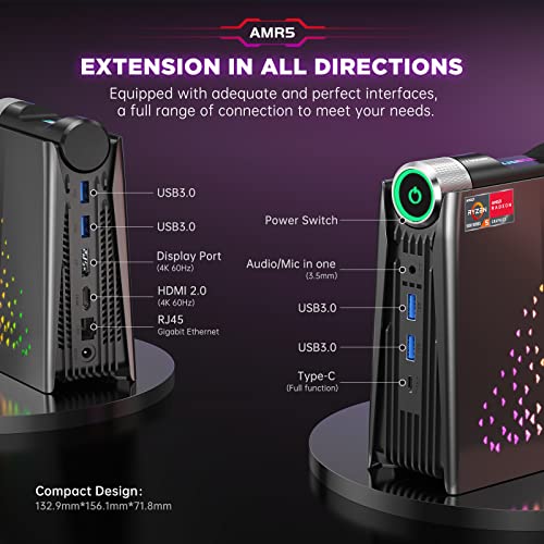 KAMRUI [Gaming PC] Mini PC AMD Ryzen 7 5700U Up to 4.3GHz, 16GB RAM 512GB SSD Small Computer, Radeon Vega 8 Micro Desktop PERF Adjustable, RGB Light, Upgrade Capacity, 4K HDMI DP Type-C
