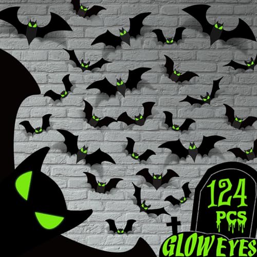 Halloween Decorations Indoor - Bats Halloween Decorations Plastic Spooky Scary 3D Bats for Halloween Party Bathroom Kitchen Home Room Outdoor Wall Glow Eyes Bats Stickers Gothic Decor 56 Pcs