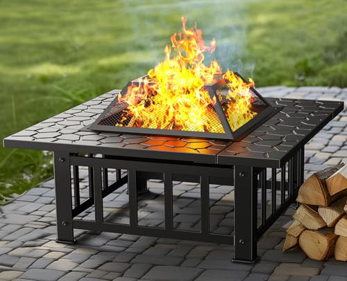 Ciays 32 inch Fire Pit 3-in-1 Multipurpose Outdoor Fire Pit Table with Spark Screen, 22-inch Fire Poker, Rain Cover for Camping, Backyard, Patio, CIFP01B