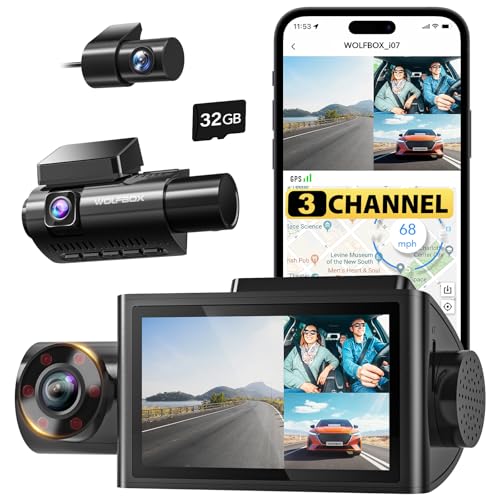 WOLFBOX i07 3 Channel Dash Cam Built-in WiFi GPS, 4K+1080P Dash Camera Front and Inside, 1440P+1080P+1080P Triple Car Camera with 3" LCD Screen, 32GB Card Included, IR Night Vision, 24H Parking Mode