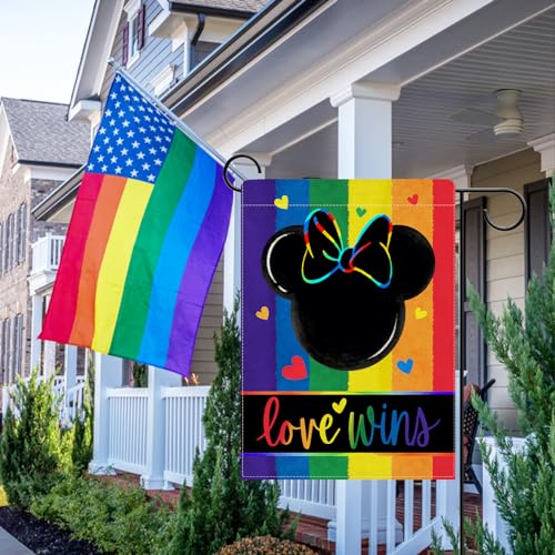 Dyrenson Love Rainbow Cartoon Mouse Decorative Garden Flag, LGBTQ Gay Lesbian Heart Yard Outside Pride Month Home Decoration, LGBT Bisexual Pansexual Burlap Outdoor Small Decor Double Sided 12 x 18