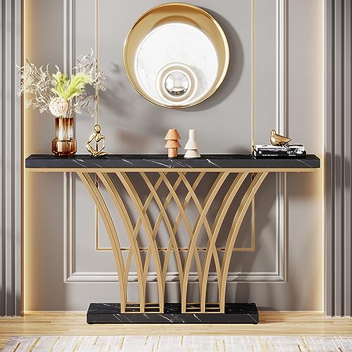 LITTLE TREE Narrow Entryway Console Table,Faux Marble Black+Gold