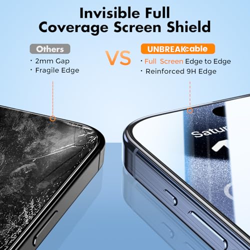 UNBREAKcable 3-Pack Screen Protector for iPhone 15 Pro, Double Shatterproof Tempered Glass [Easy Installation Frame] [HD Clear] [9H Hardness] [Full Coverage] for iPhone 6.1 inch