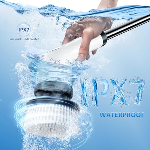 Electric Spin Scrubber, Full-Body IPX7 Waterproof Cordless Power Cleaning Brush with Adjustable Extension Handle, 2-Speed Shower Scrubber with 7 Replaceable Brush Heads for Bathroom, Kitchen Cleaning