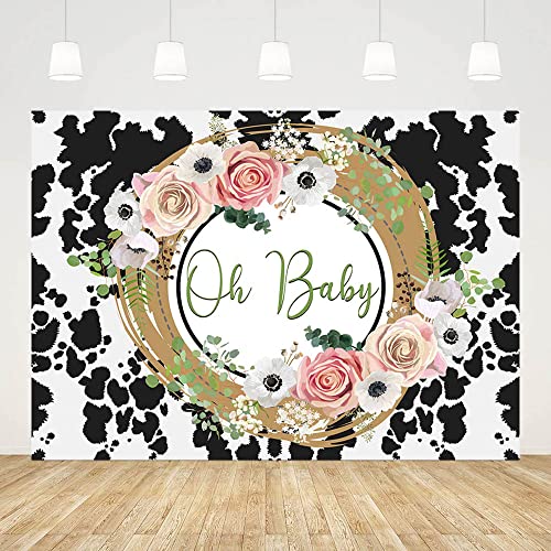 ABLIN 7x5ft Oh Baby Backdrop Black and White Cow Print Photography Background Pink Floral Holy Cow Baby Shower Banner Farm Cow Theme Baby Shower Decorations Photo Shoot Props, CQ327