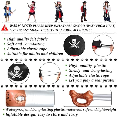 Legigo 18 Pcs Funny Pirate Party Set- Pirate Kids' Party Cosplay Supplies Include 6 Felt Pirate Hats, 6 Pirate Eye Patches, 6 Inflatable Swords for Caribbean Fancy Dress Cosplay Party Stage Prop