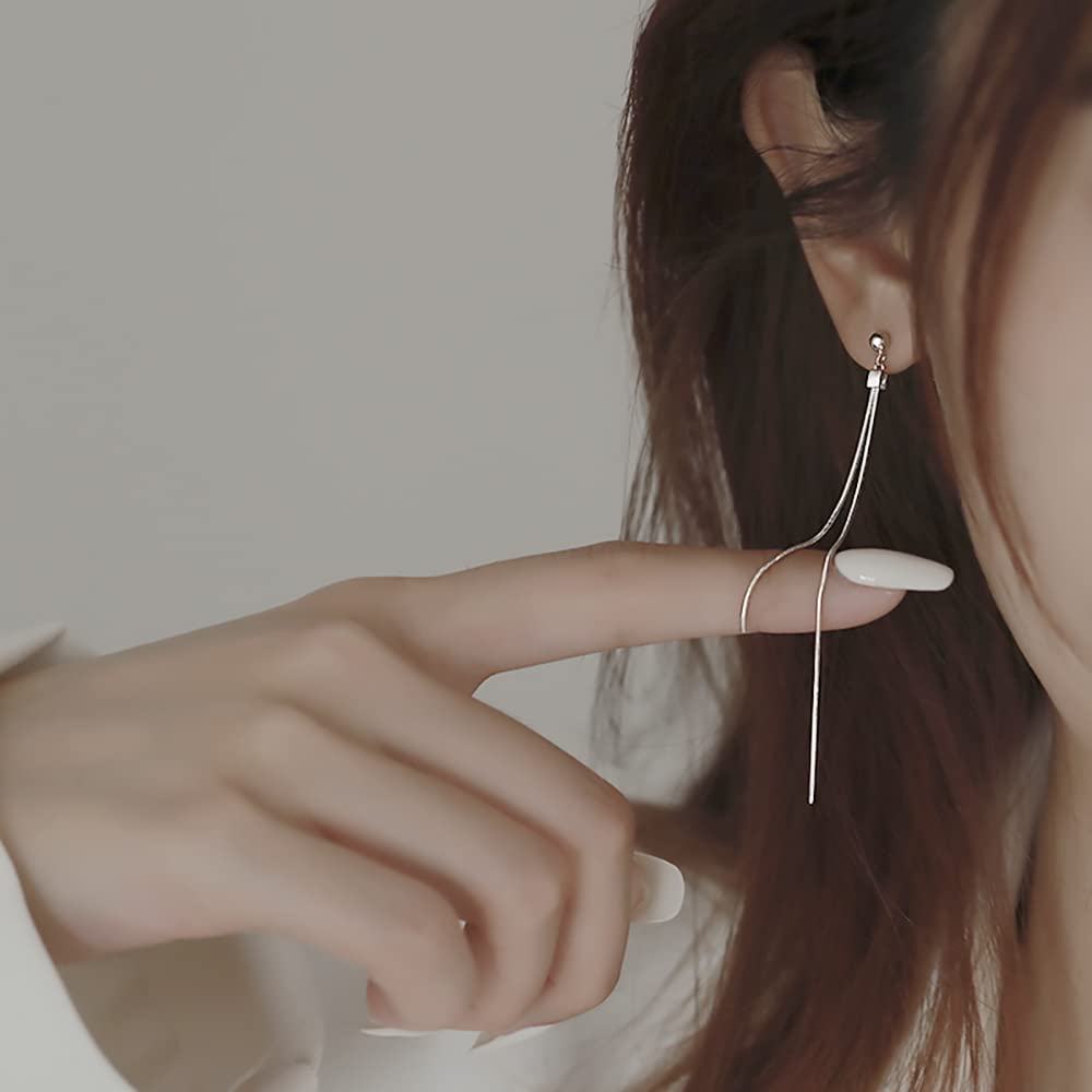 Reffeer 925 Sterling Silver Tassel Chain Dangle Earrings for Women Girls Long Dangle Earrings Drops Ear Line (A-Silver)