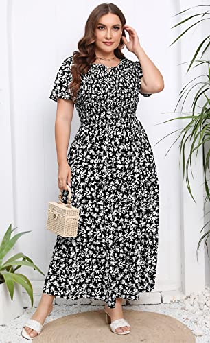 Younrui Womens Plus Size Long Maxi Dress with Pockets Floral Smocking Flutter Sleeves Tiered Layers Casual Dresses