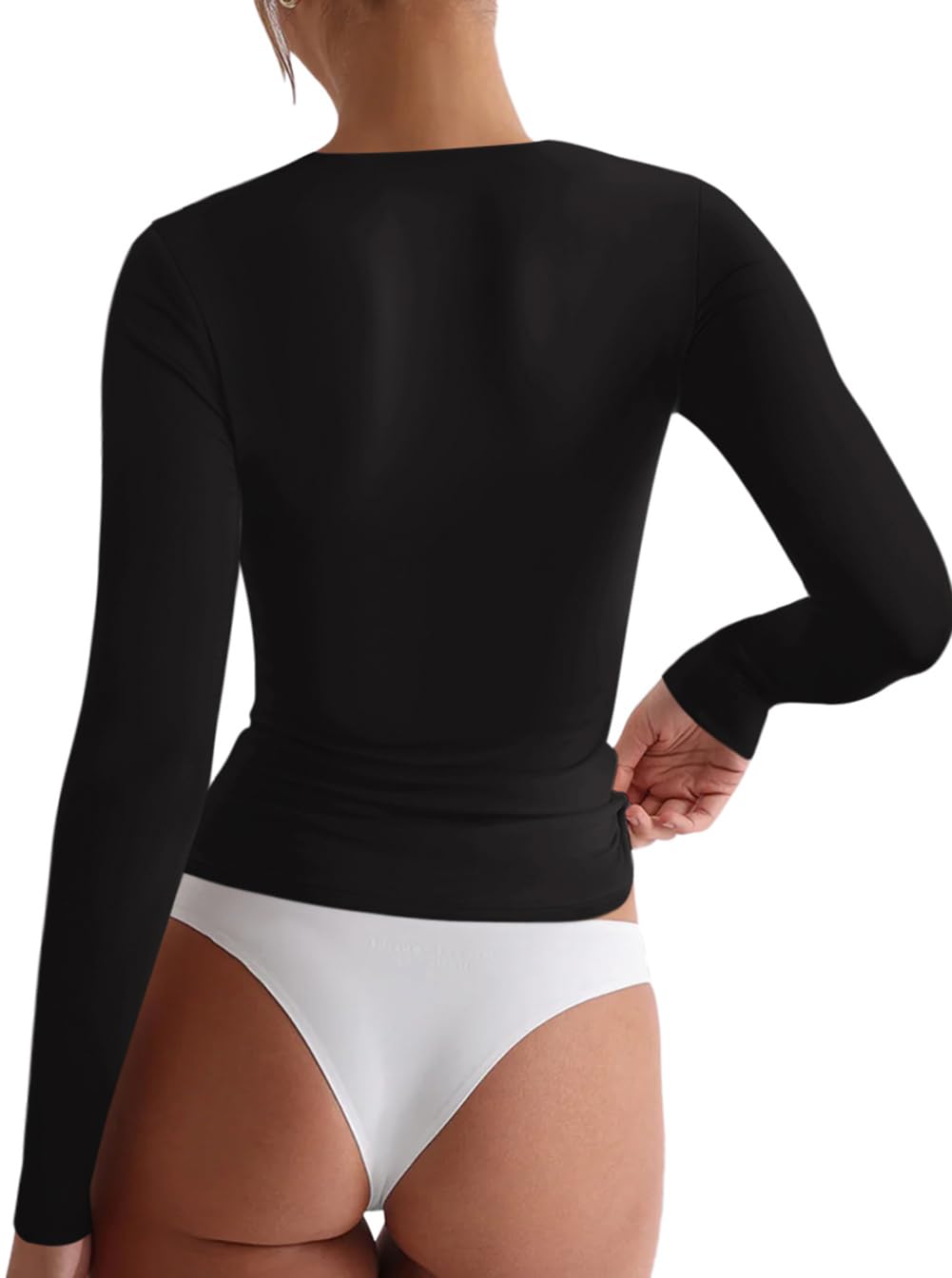 REORIA Sexy Square Neck Tops for Women Fall Baisc Clothes 2024 Long Sleeve Shirts Double Lined Tight Fitted Full Length T Shirts Black Large