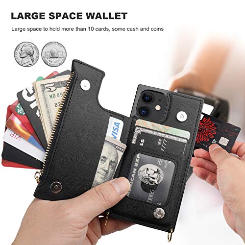 Bocasal Crossbody Wallet Case for iPhone 12 Mini with Card Holder,Zipper Card Slot Protector Shockproof Purse Cover with Removable Cross Body Strap 5.4 Inch(Black)