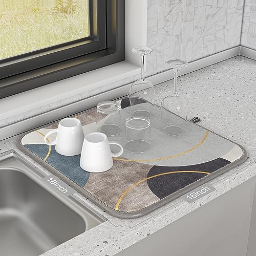 Rnivvi Dish Drying Mat, 16x18" Marble Style Microfiber Drying Mat for Kitchen Counter, Absorbent Dish Drying Pad for Washing Dishes, Cute Counter Dish Rack Mats with Hanging Loop, Abstract Art Circle