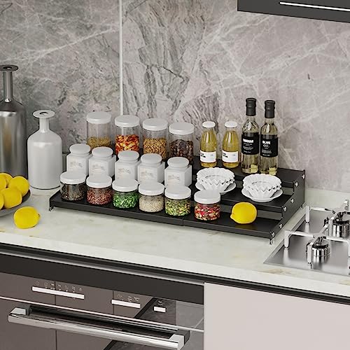 Wobmmi Expandable Spice Rack organizer with 3-Tier step shelf for cabinet,seasoning rack organizer.Great for Kitchen countertop shelves,Pantry and more (1pack/Black)