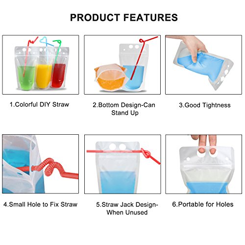 100 Pcs Drink Pouches with 100 Straw Holes, Freezable Juice Pouches, Translucent Reclosable Zipper Plastic Pouches Drink Bags for Cold & Hot Drinks for Adults and Kids