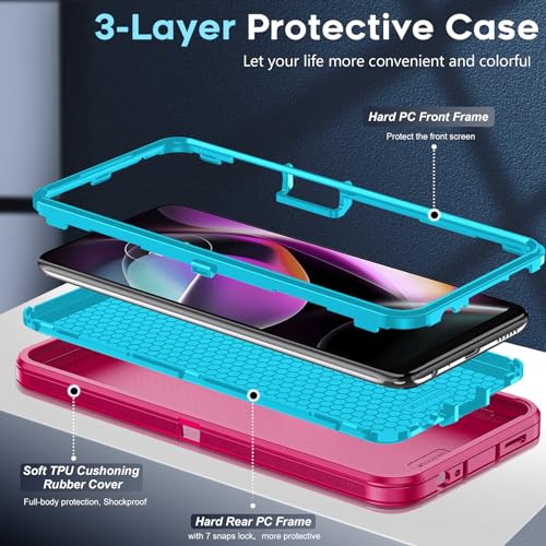 LeYi for Moto G 5G 2022 Case: with 2 PCS Screen Protector, Heavy Duty 3 in 1 Motorola Moto G 5G 2022 Phone Case, Military Grade Shockproof Phone Case Cover for Moto G 5G 2022 (Blue+Rose Red)