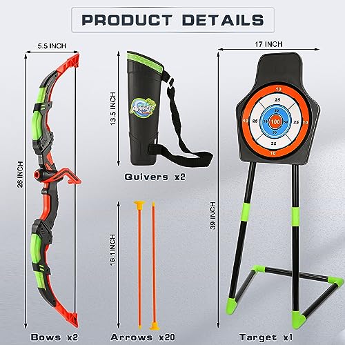 Handwell Archery Toy Set for Kids, Bow and Arrow Set with 10 Suction Cup Arrows, LED Light Up Archery Set with Standing Target & Quiver, Bow and Arrows Set Toy Gift for Boys Girls Children Age 3-12