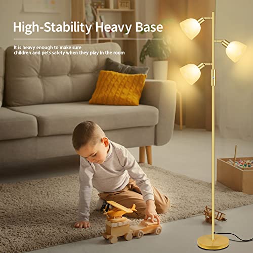 BoostArea Floor Lamp, Standing Lamp, Gold Torchiere Floor Lamp with 3 Adjustable Rotating Lights, 3 Way Switch, 3PCs E12 4W LED Bulb Included, Metal Pole Lamps for Living Room, Bedroom, Home, Office