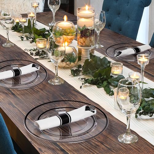 Goodluck 175 Piece Black Plastic Dinnerware Set for Party, Clear Disposable Plates for 25 Guests, Include: 25 Dinner Plastic Plates, 25 Dessert Plates, 25 Pre Rolled Napkins with Cutlery Set, 25 Cups