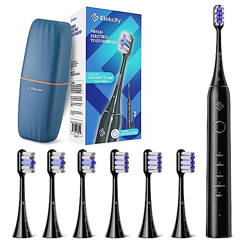 Etekcity Electric Toothbrush Sonic for Adults, Learning Mode, 6 Soft & Premium Brush Heads, Fast Charge 3 Hours Last 60 Days, Kids and Beginners, 2 Mins Smart Timer, 5 Modes & Travel Case, Black