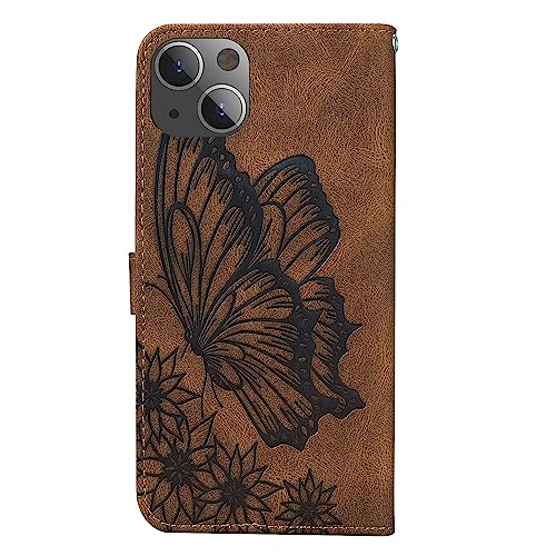 Flip Case Compatible for iPhone 15 Wallet Case PU Leather Folio Cover, Butterfly Phone Case Soft Silicone Bumper with Card Holder Kickstand Magnetic Closure Lanyard Holster for Women-Brown