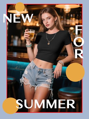 Syhood 4 Pack Summer Crop Tops for Women Basic Tight Short Sleeve Cute Trendy Scoop Neck Crop Tops for Women or Teen Girls(Medium,Black, White, Pink, Blue)