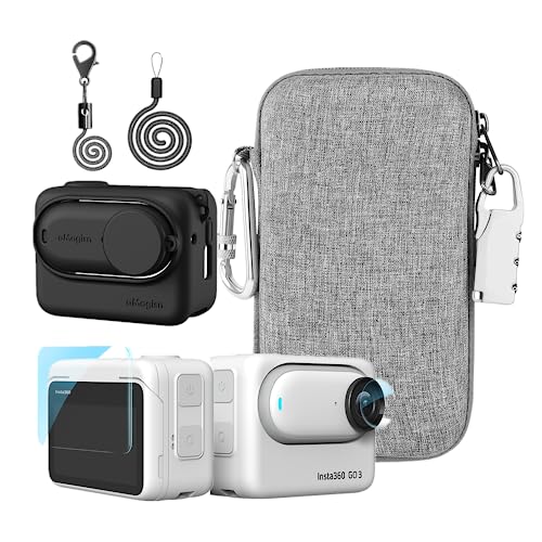 LEWOTE Accessories Kit Compatible with Insta360 GO 3 [Silicone Camera Case Cover and Lens Cap][2Pcs 3D Screen Protector Film][Carrying Case Bag with Auto Locking Carabiner and Anti-loss Lock] (Black)