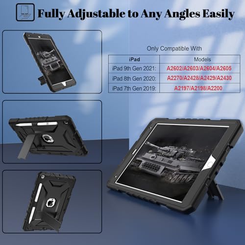 TIMISM Case for iPad 9th/8th/7th Generation(10.2 inch)-Complete Protection with Screen Protector, Adjustable Shoulder Strap, Kickstand and Pencil Holder, Heavy Duty Shockproof Protective Cover, Black