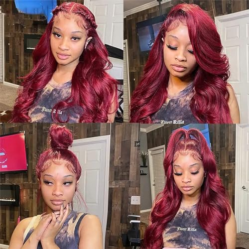 Bestdilin 13x4 99j Burgundy Lace Front Wigs Human Hair 220% Density Body Wave Lace Frontal Wig Pre Plucked with Baby Hair 20 Inch HD Transparent Lace Wine Red Colored Glueless Wigs for Women