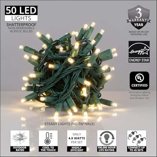 50 5mm LED Warm White Christmas Lights, 17' Indoor-Outdoor Christmas String Lights Mini Light Set White Christmas Lights Green Wire