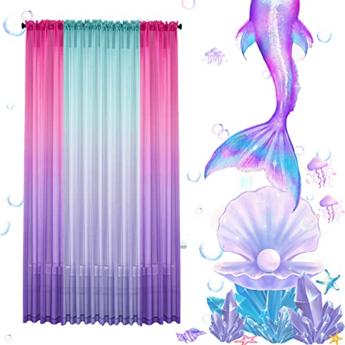 Yancorp Sheer Curtain Semi Bedroom Curtains 63 inches Length Linen Blue Beige Ombre Curtains Rod Pocket Drapes Girls Living Room Mermaid Bedroom Nursery Kids Window Decor, 1 Panel(Blue Beige,52"x63")