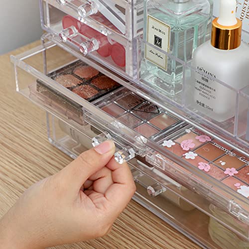 PENGKE Clear Make Up Organizer Countertop,Stackable 2 Drawers Makeup Storage,Cute Vanity Organizers for Dresser Brushes,Nail Polish,Beauty Product Desk and Bathroom Organizers and Storage,1 Pack