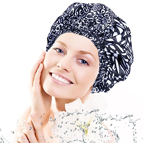 4 PCS Shower Caps for Women, Elastic and Reusable Bath Caps, Double Waterproof Layers Shower Cap, Bathing Shower Caps, Environmental Protection Hair Bath Hat - Printed Color