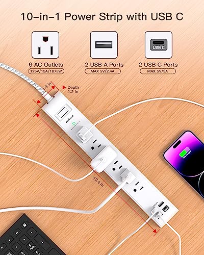 2 Pack Power Strip Surge Protector - 6 Outlets 4 USB Charging Ports, 5Ft Braided Extension Cord, Flat Plug, Overload Protection, Wall Mount for Home Office, Dorm Room Essentials