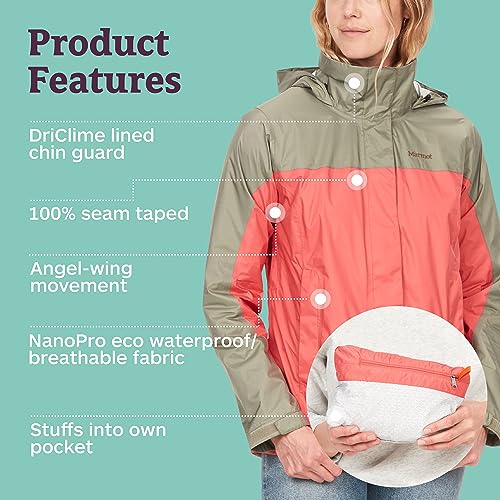 MARMOT Women's PreCip ECO Jacket | Lightweight, Waterproof Jacket for Women, Ideal for Hiking, Jogging, and Camping, 100% Recycled, Grapefruit/Vetiver, XX-Large