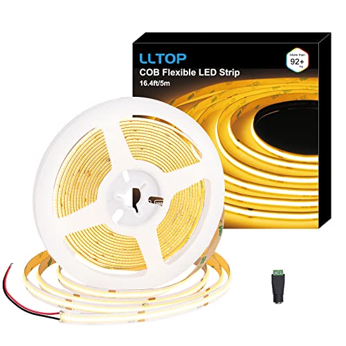 LLTOP COB LED Strip Lights Warm White 3000K, DC24v 16.4ft/5m High CRI 92Ra+ Flexible LED Tape Lighting DIY Cuttable for Bedroom Kitchen Cabinet Shelf (Power Supply&Dimmer Not Included)