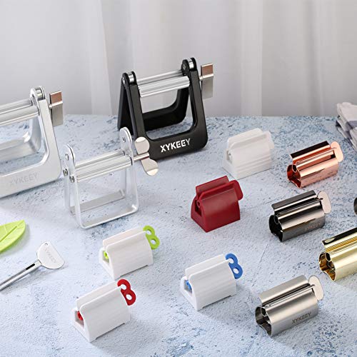 XYKEEY Toothpaste Tube Squeezer - Set of 2 Toothpaste Squeezer Rollers, Metal Toothpaste Tube Wringer Seat Holder Stand (Black)