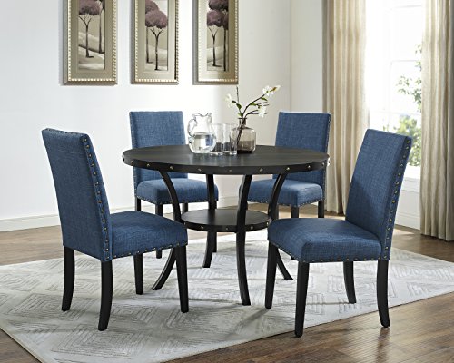 Roundhill Furniture Collection Biony Espresso Wood Dining Set with Blue Fabric Nailhead Chairs,